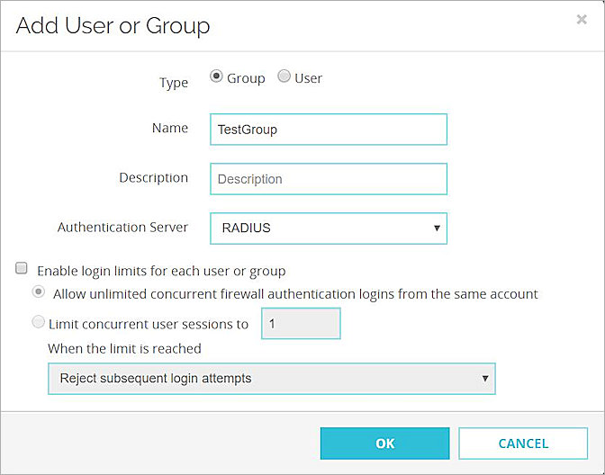 Add User or Group dialog box on the Firebox